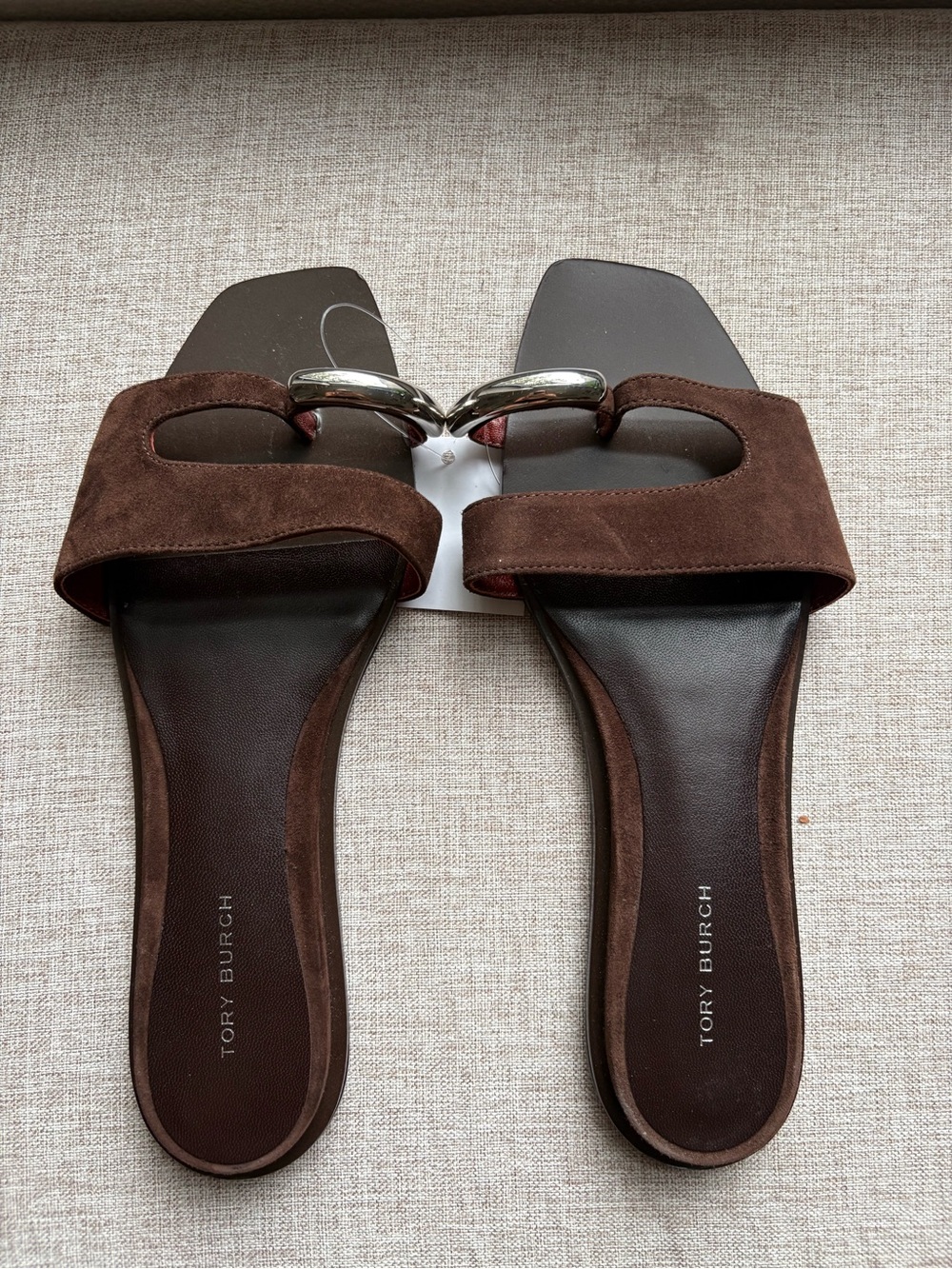 Tory Burch pierced Dark Brown Suede Slide Sandals with Silver Accent